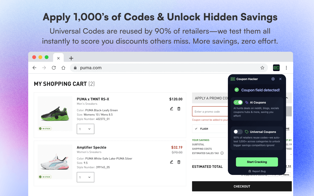 Coupon Hacker detecting coupon fields on Puma website